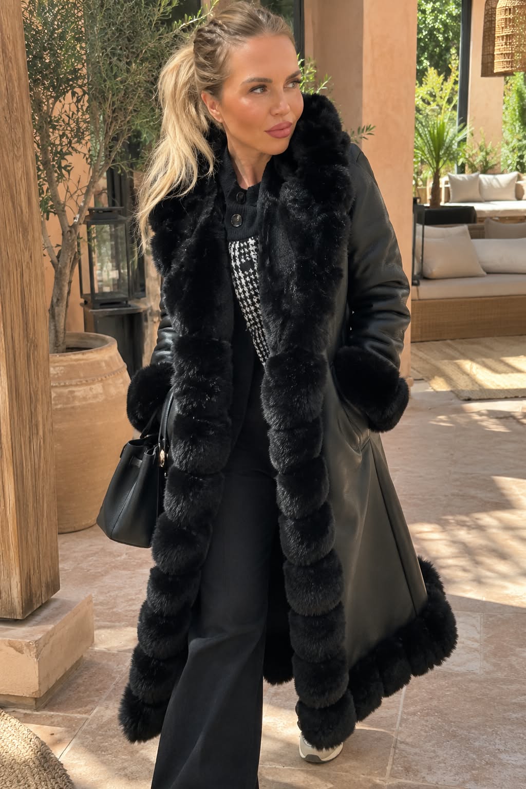 INA – Manteau long capuche effet peau et fourrure- glamour & luxe T.38-56